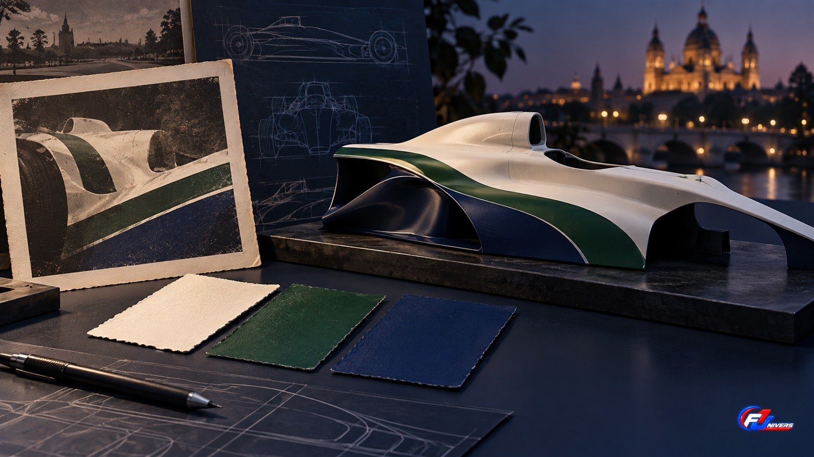 Visuel éditorial généré par IA montrant des nuances blanc vert et bleu marine autour d une maquette générique