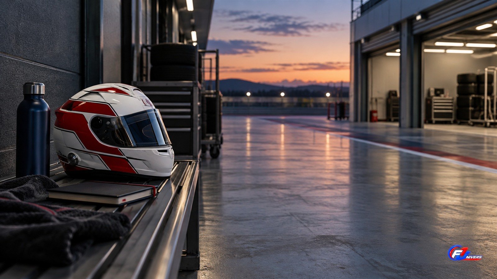 Yuki Tsunoda et Red Bull : visuel éditorial généré par IA d’un casque fictif dans un paddock calme.